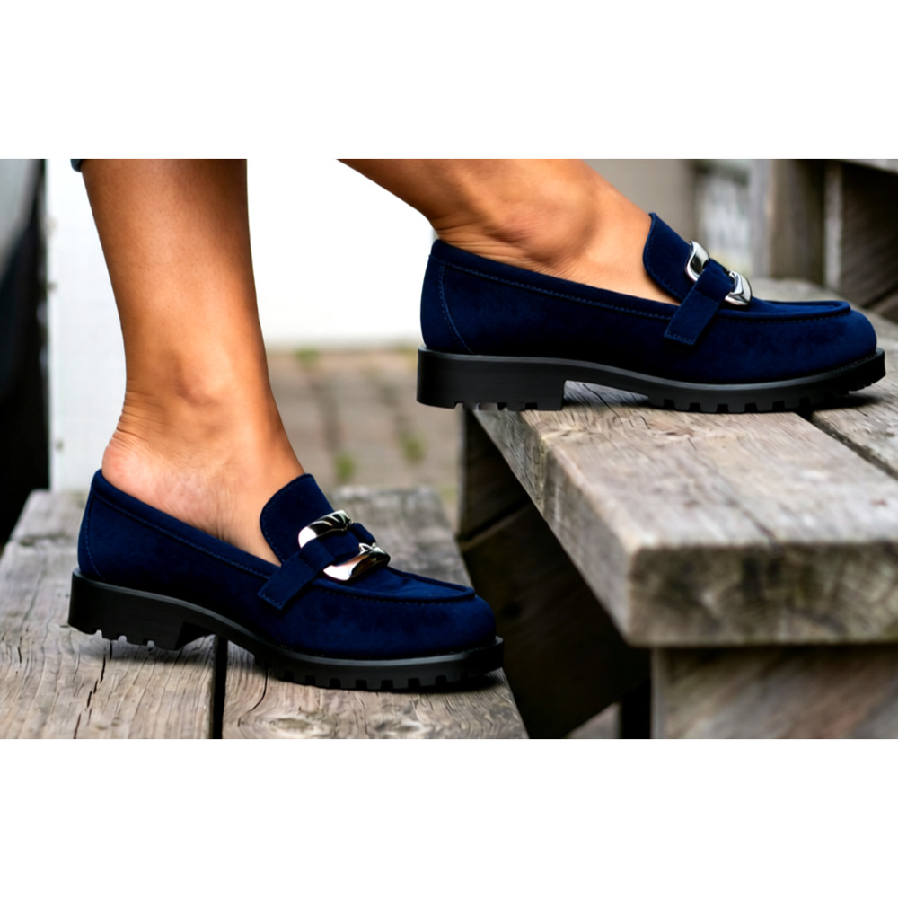 Vaneli navy blue loafers shoes with Buckle 8 Wide